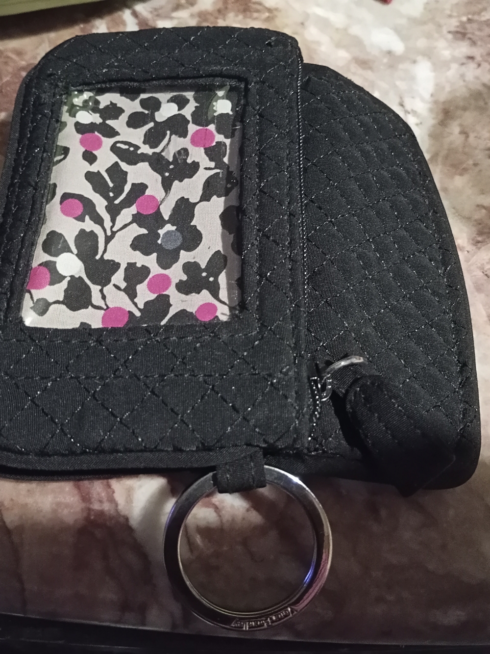 Vera Bradley Black Quilted Wristlet with Pink Floral ID Window - Picture 1 of 7